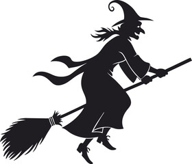 A black silhouette of a flying witch