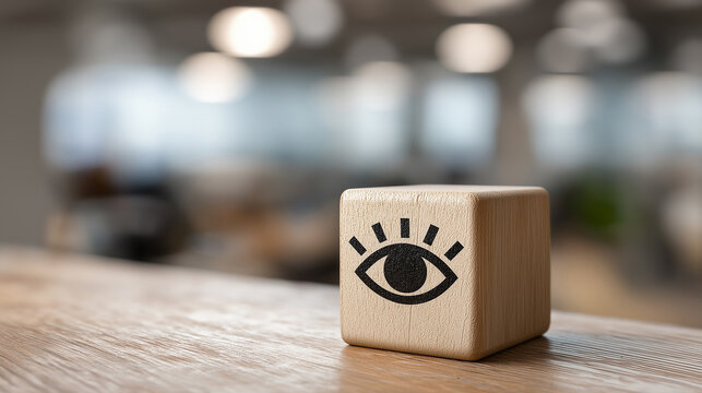 Eye Icon on Wooden Cube with Blurred Office Background, Symbol of Vision, Audit, Oversight and Awareness, Business Wooden Cube