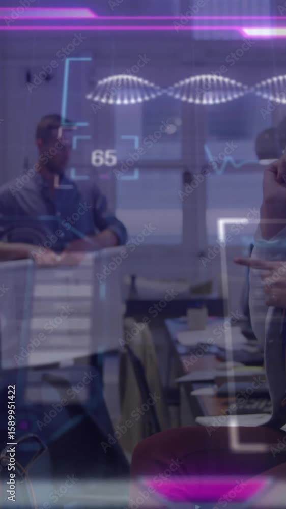 Poster business team collaborating in office with digital data processing animation overlay