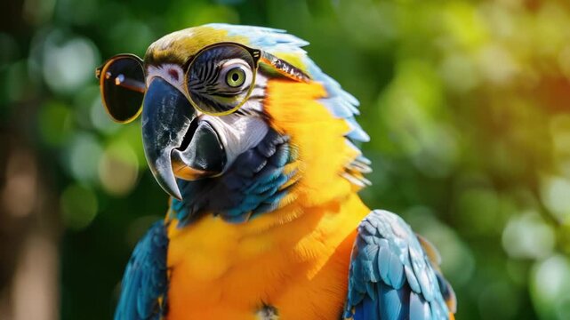Close-up shot of a colorful parrot wearing trendy sunglasses, perfect for using in designs related to summer, fun, or tropical themes