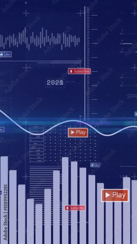 Poster animation of bar graph and line chart with play and subscribe buttons displayed