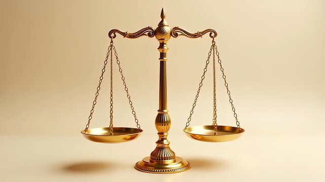 A traditional gold brass balance scale sits perfectly centered isolated on a white background for legal or financial commercial concepts.