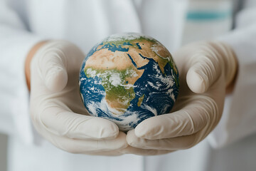Protecting Our World: Hands in gloves gently hold a globe, symbolizing care and global responsibility for a healthy and sustainable future.
