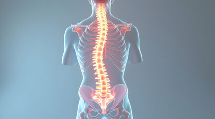Holographic human spine vertically aligned in center of translucent body with highlighted ribs and pelvis showing detailed anatomy