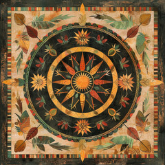 Colorful tribal mandala art showcases intricate designs with natural motifs, emphasizing bold shapes and patterns in a harmonious layout