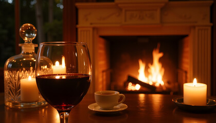 Wine glass half-filled with red wine beside candles and fireplace glow  