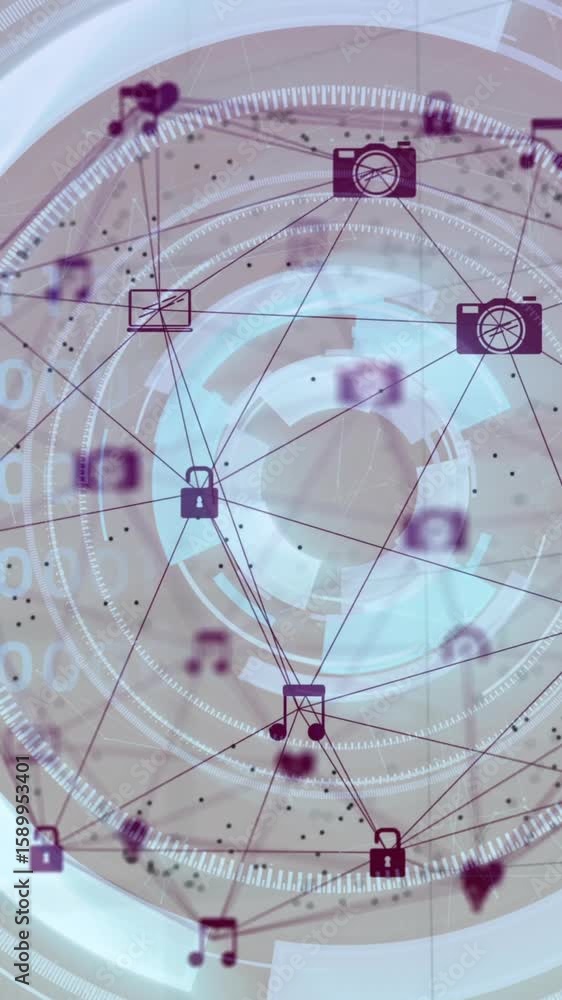 Poster Forming complex data sphere, digital network of icons with binary code animation