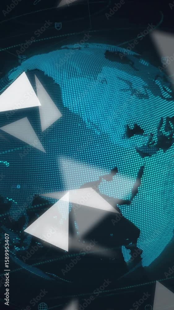 Poster animation of digital globe with data connections and security icons floating