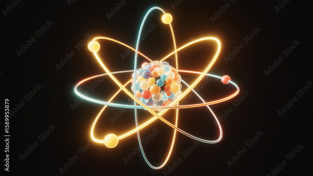 Poster atom in space: an artistic rendition of an atom, with orbiting electrons and a nucleus composed of v