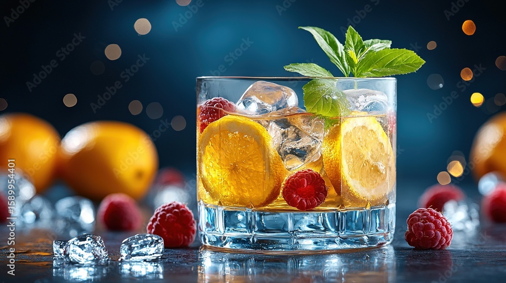 Poster a glass of lemonade with raspberries on a table, surrounded by ice cubes and illuminated by backgrou