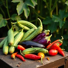 Fresh Eggplants, Cucumbers, and Colorful Peppers from the Garden