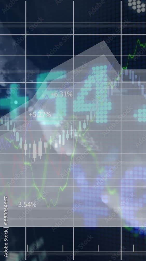 Poster stock market graphs with digital numbers overlay showing financial data animation