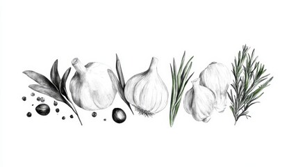 Fresh herbs, garlic, and spices are beautifully hand-painted on a white surface, showcasing culinary elements for cooking enthusiasts