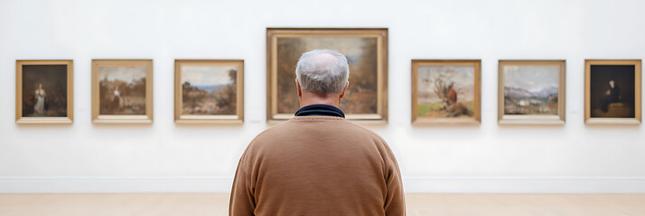 Museum visitor contemplating a row of framed paintings. He is wearing a brown sweater, viewing landscape and portrait art in a gallery.
