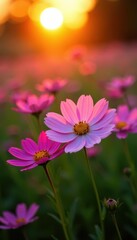 Obraz premium Cosmos flowers bathed in golden sunset light, delicate petals glowing, pink, beauty