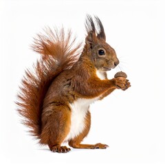 Obraz premium Red squirrel holding an acorn, isolated on white background, wildlife close-up