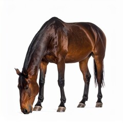 Obraz premium Brown horse with coat stands facing left in side profile isolated on white background elegant equine mammal livestock animal. 