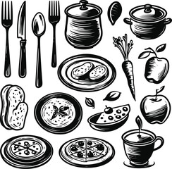 16 black and white food and kitchen line icons, including knife, fork, plate, spoon, cooking pot, carrot, bread, apple, pizza, and teacup. Icons should be hand-drawn with organic shapes, slightly.eps