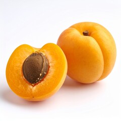Whole and halved apricots with seed displayed on a white isolated background, realistic...
