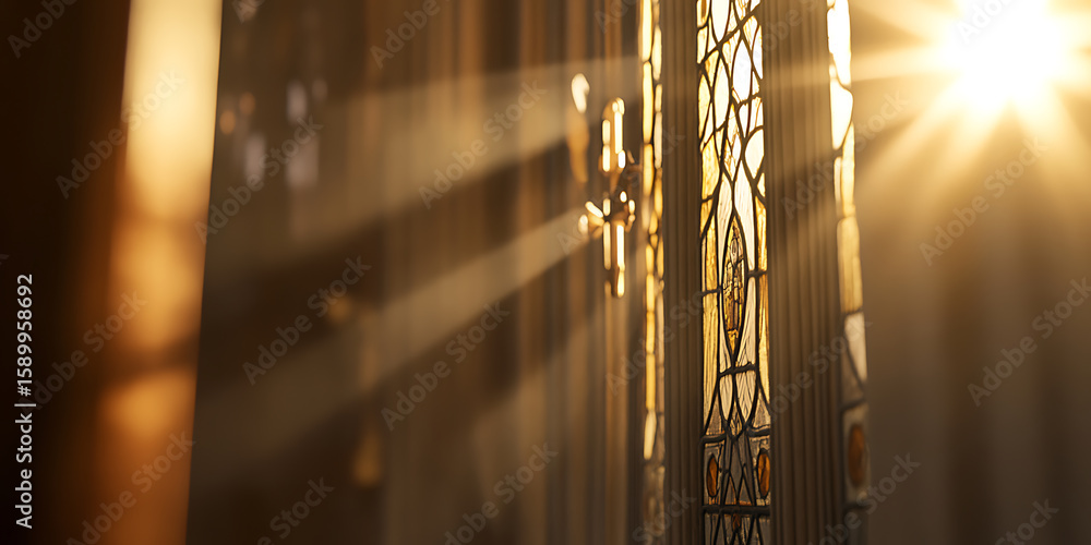 Poster sunlight streams through a glass window, casting golden rays across the room. the intricate design c