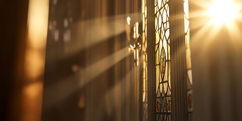 Sunlight streams through a glass window, casting golden rays across the room. The intricate design catches the light, creating a warm, peaceful atmosphere.