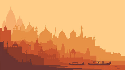 Varanasi city skyline sihihoute, Banaras city in the shades of orange colour vector illustration 