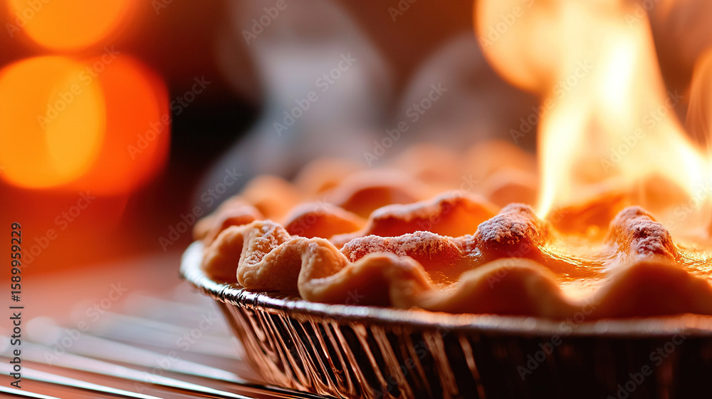 Poster a clear image showing a close-up of a pie in a pan with a fire emanating from its top and a hazy bac