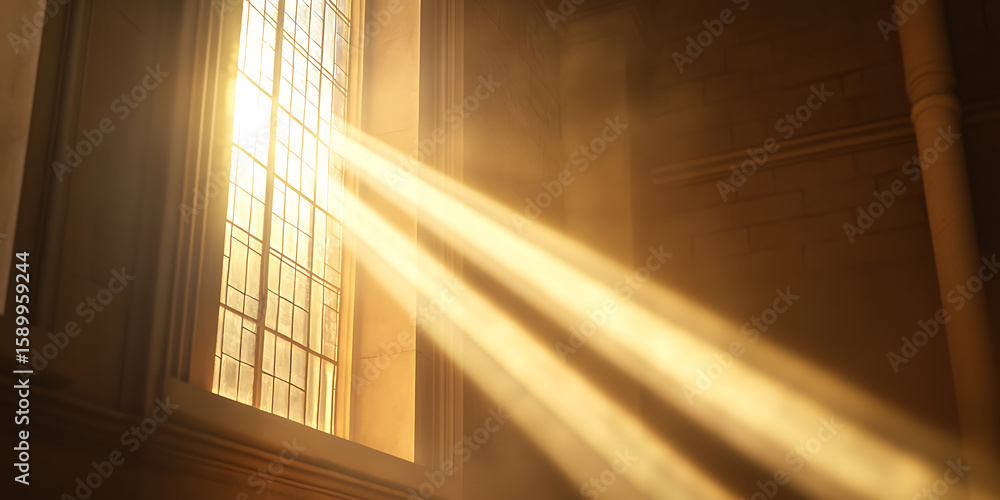 Poster light streams through a window, creating warm, golden rays that illuminate a vintage space. the soft
