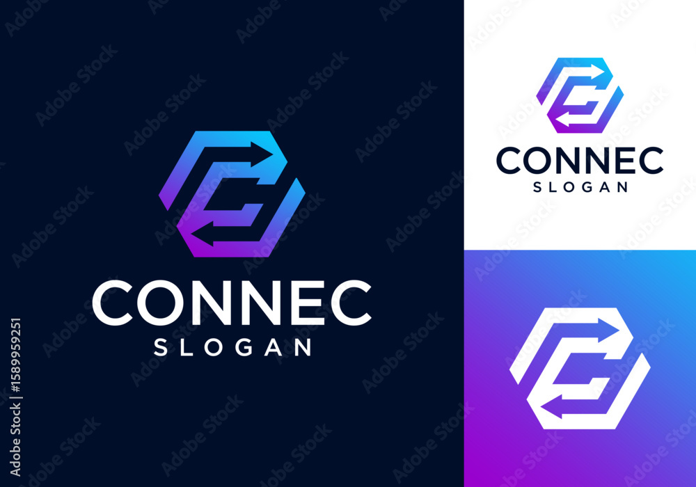 Poster vector geometric hexagon logo icon with initial c and arrow