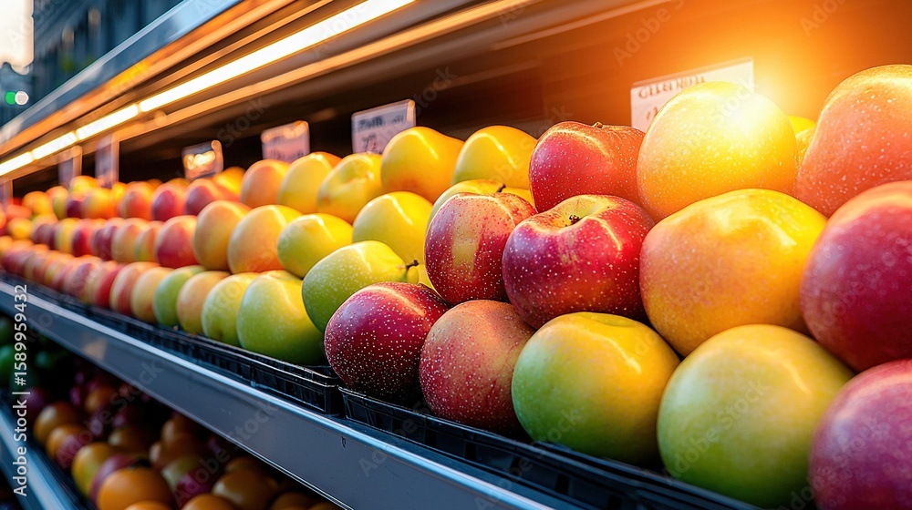 Poster a grocery store display showcasing various apples and oranges on either side