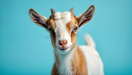 Fototapeta premium Portrait of a baby goat cute farm animal on blue background adorable kid livestock pet