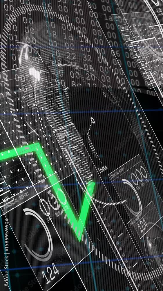 Poster fluctuating green line graph with currency symbols on digital financial data