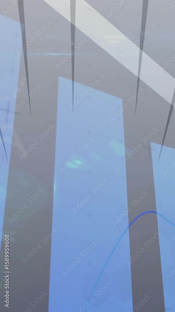 Poster blue bar graph and line chart with digital data overlay animation
