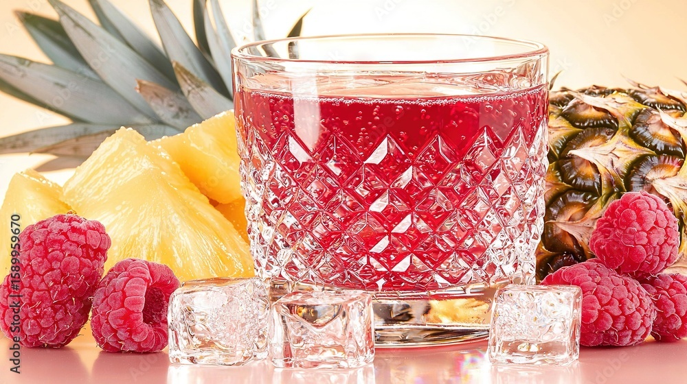 Aufkleber a glass of raspberry juice next to a pile of pineapples and a pineapple on a table