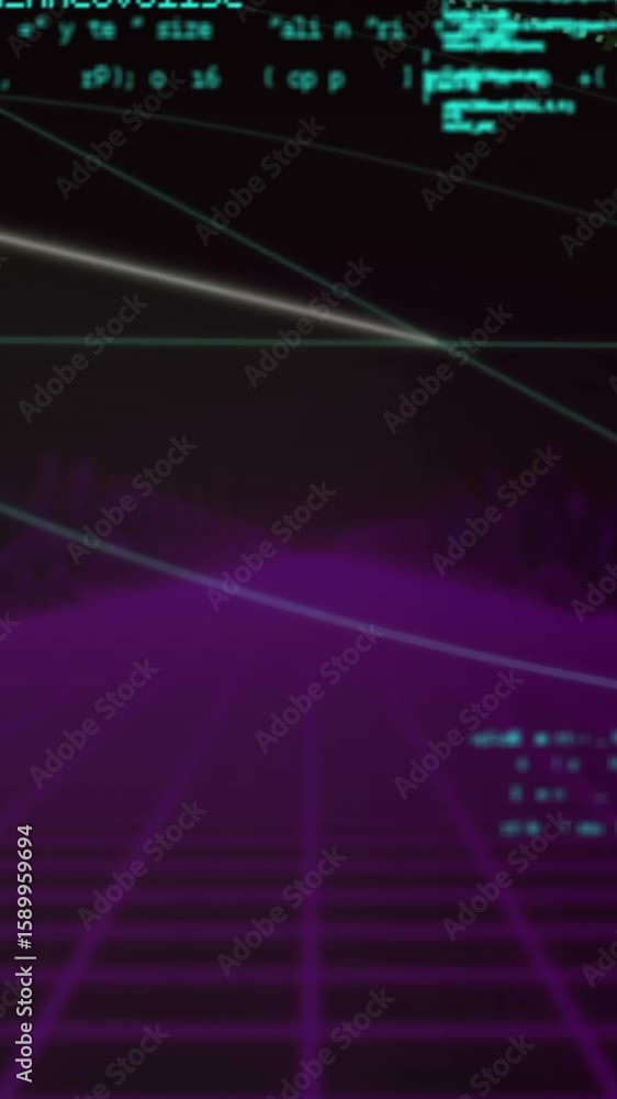 Poster digital code and data processing animation over purple grid landscape