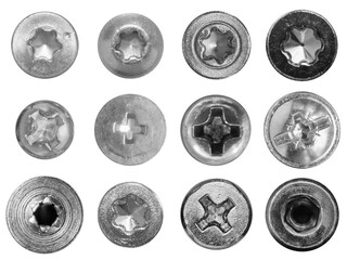 Set of various screws heads on transparent background: cross-head, torx, star. Isolated