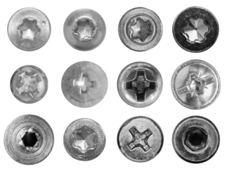 Set of various screws heads on transparent background: cross-head, torx, star. Isolated