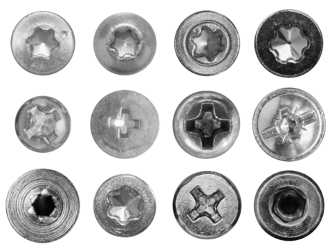 Set of various screws heads on transparent background: cross-head, torx, star. Isolated