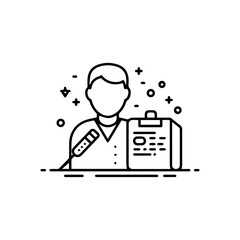 Linear illustration of a faceless person holding a microphone and clipboard.