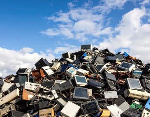 A towering pile of discarded electronics against a clear sky