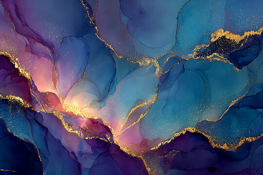 Abstract fluid art composition blending blue and purple hues with gold accents in a dreamy, ethereal design