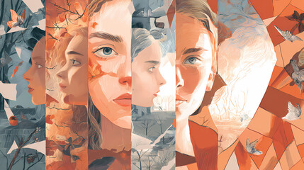 Fragmented reflections unveil the true essence of beauty, tracing its evolution across various eras, culminating in a timeless narrative of identity and self-discovery. mirror trace. Illustration