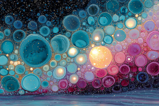 Colorful abstract artwork depicting bubbles and orbs resembling a cosmic scene with vibrant colors and gradients