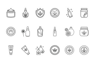 Collection organic cosmetic product outline icons with leaves bottles natural vegan