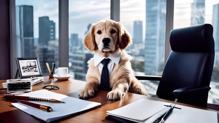 Golden retriever dog wearing a tie and shirt is sitting at an office desk with a city skyline view, embodying a humorous take on corporate life and professionalism