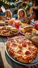 Friends Enjoy Outdoor Feast With Pizza, Burgers, and Drinks During Summer Gathering