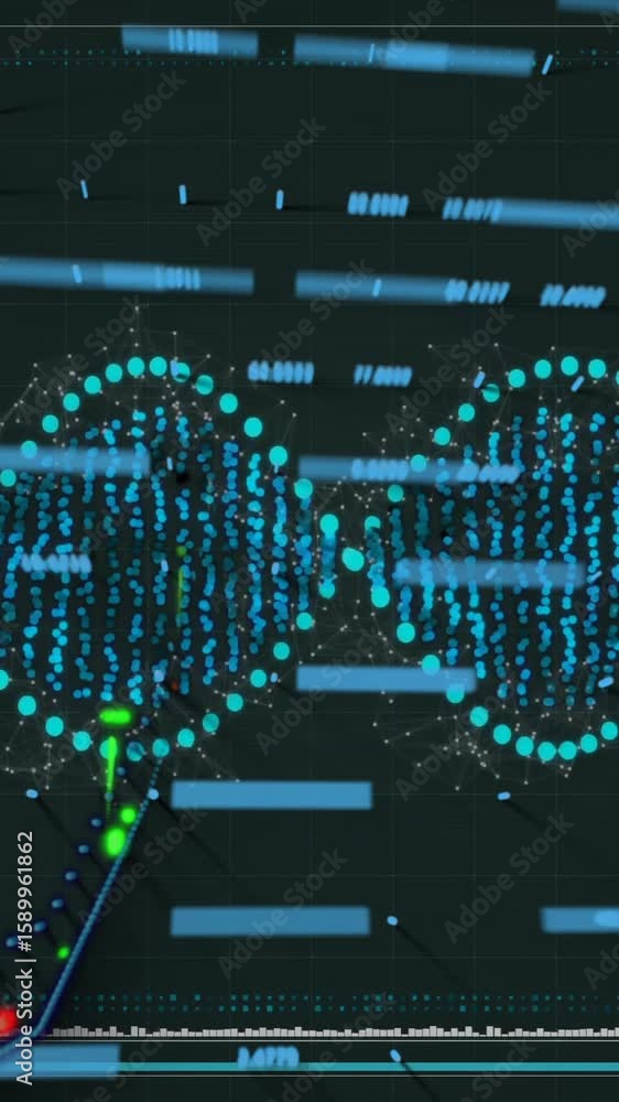 Poster processing scientific data, dna strand with binary coding animation in laboratory