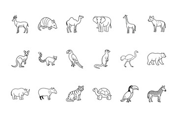 Collection outline zoo animal icons on antelope armadillo