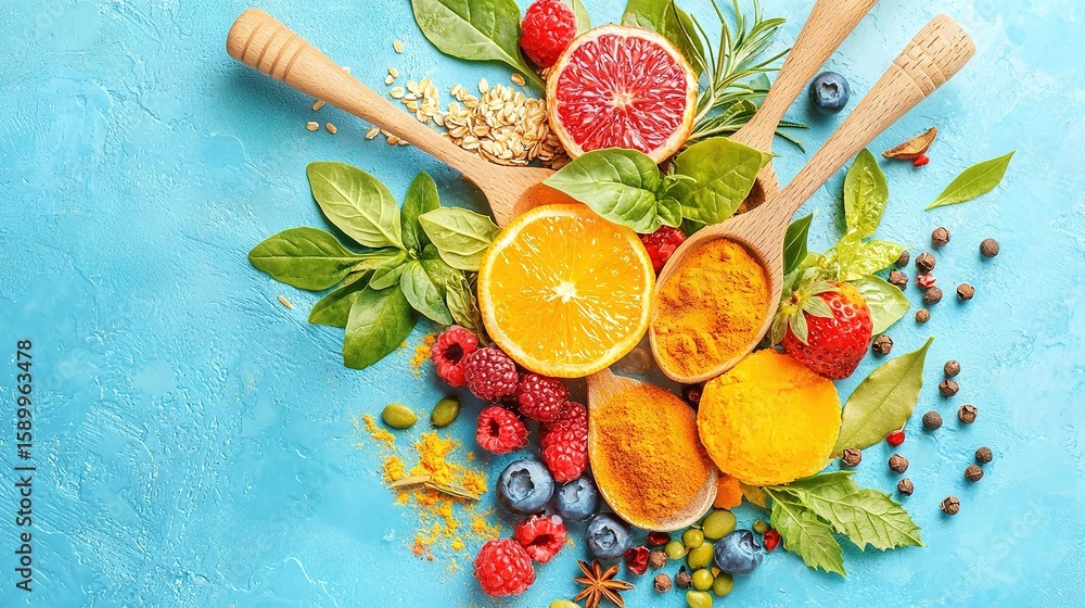 Poster a colorful table features an array of fruits and veggies, resting atop a blue surface surrounded by 