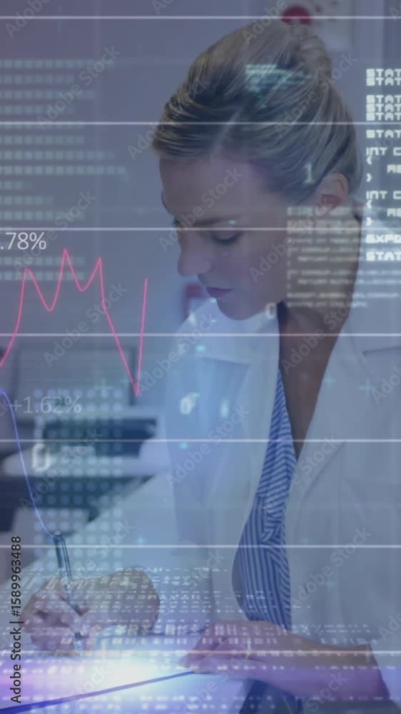 Poster analyzing data with graphs and coding, scientist focusing on animation overlay